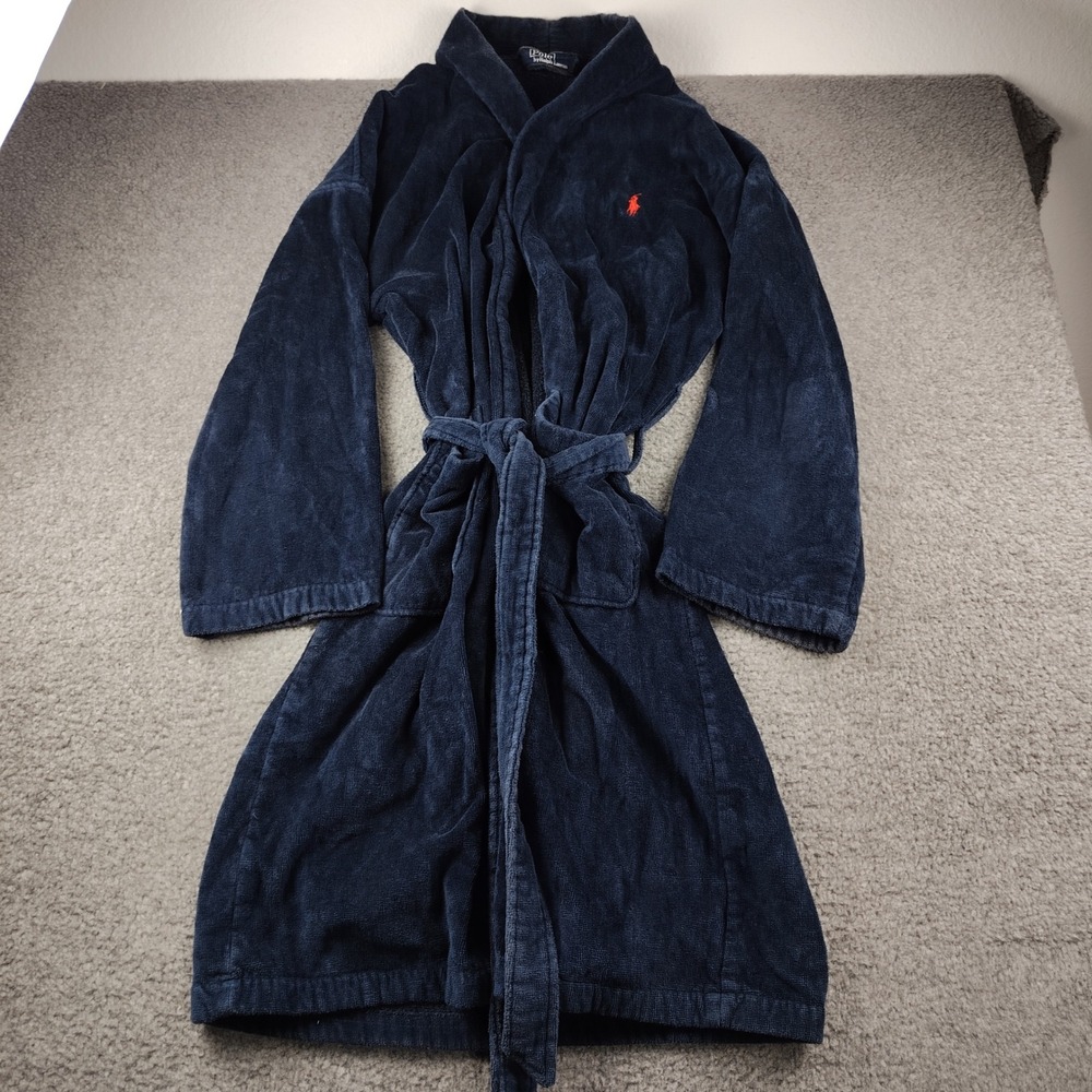 VTG Polo Ralph Lauren Cotton Robe Men One Size Navy Blue Terry Cloth Pony Belted